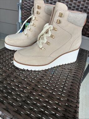New Cole Haan Neutral Suede Wedge Lace-Up Ankle Boots